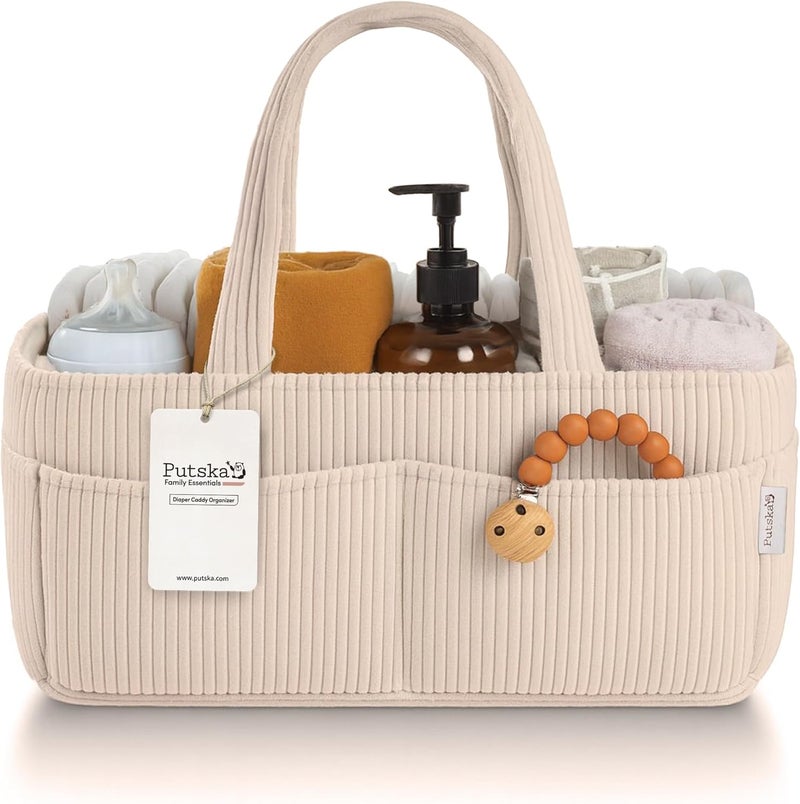 Putska Baby Diaper Caddy Organizer for Changing Table – Stylish Nursery Storage Basket, Newborn Essentials, Baby Shower Gifts and Registry Must-Haves for Boy or Girl, Car Diaper Caddy, Corduroy Cream - Image 1